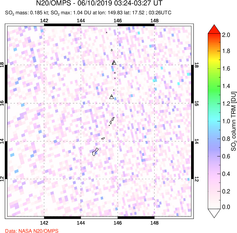 A sulfur dioxide image over Anatahan, Mariana Islands on Jun 10, 2019.