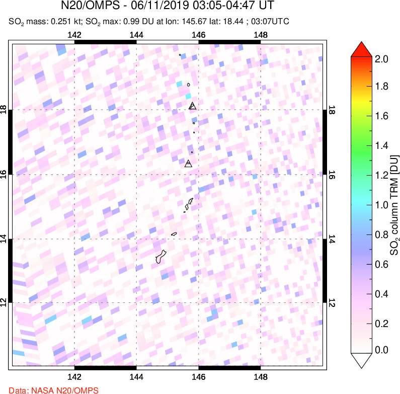 A sulfur dioxide image over Anatahan, Mariana Islands on Jun 11, 2019.