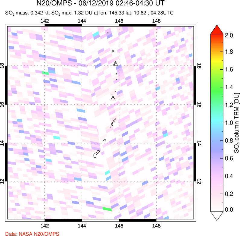 A sulfur dioxide image over Anatahan, Mariana Islands on Jun 12, 2019.