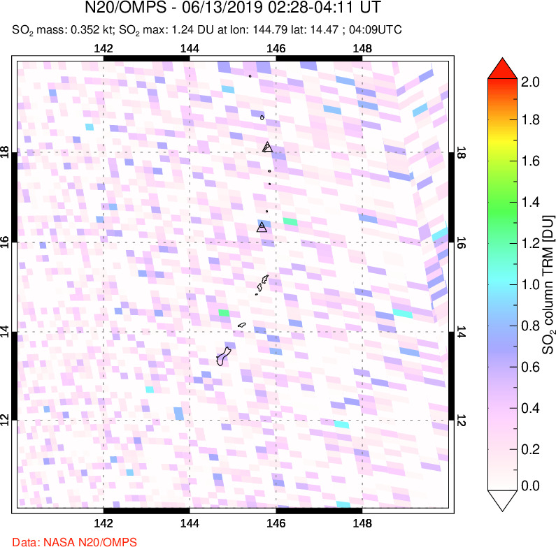 A sulfur dioxide image over Anatahan, Mariana Islands on Jun 13, 2019.