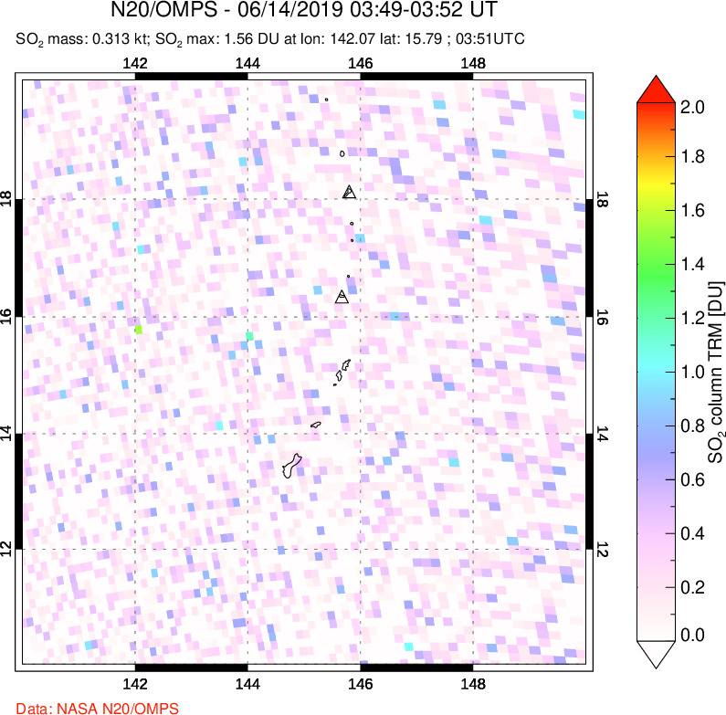 A sulfur dioxide image over Anatahan, Mariana Islands on Jun 14, 2019.