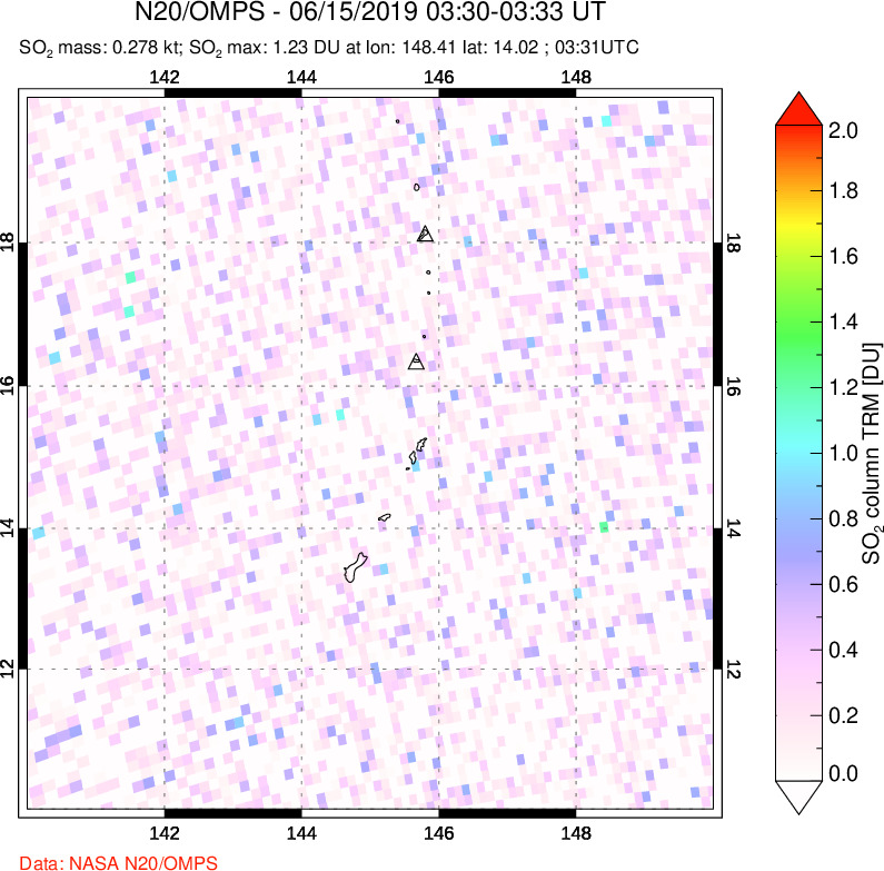 A sulfur dioxide image over Anatahan, Mariana Islands on Jun 15, 2019.