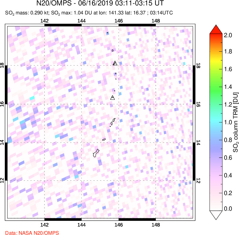 A sulfur dioxide image over Anatahan, Mariana Islands on Jun 16, 2019.