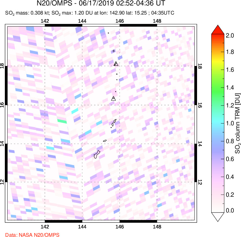 A sulfur dioxide image over Anatahan, Mariana Islands on Jun 17, 2019.