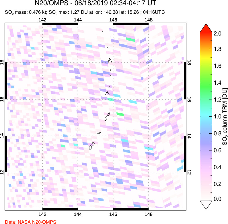 A sulfur dioxide image over Anatahan, Mariana Islands on Jun 18, 2019.