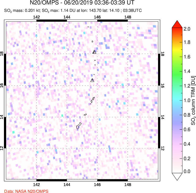 A sulfur dioxide image over Anatahan, Mariana Islands on Jun 20, 2019.