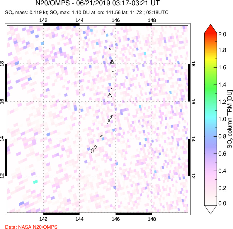 A sulfur dioxide image over Anatahan, Mariana Islands on Jun 21, 2019.