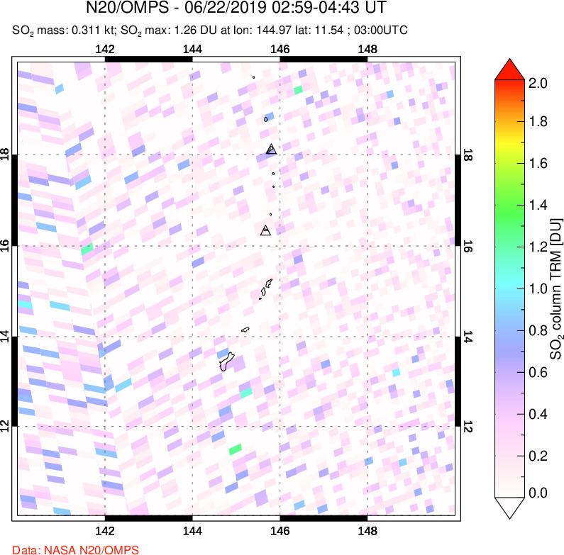 A sulfur dioxide image over Anatahan, Mariana Islands on Jun 22, 2019.