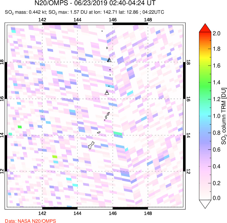 A sulfur dioxide image over Anatahan, Mariana Islands on Jun 23, 2019.