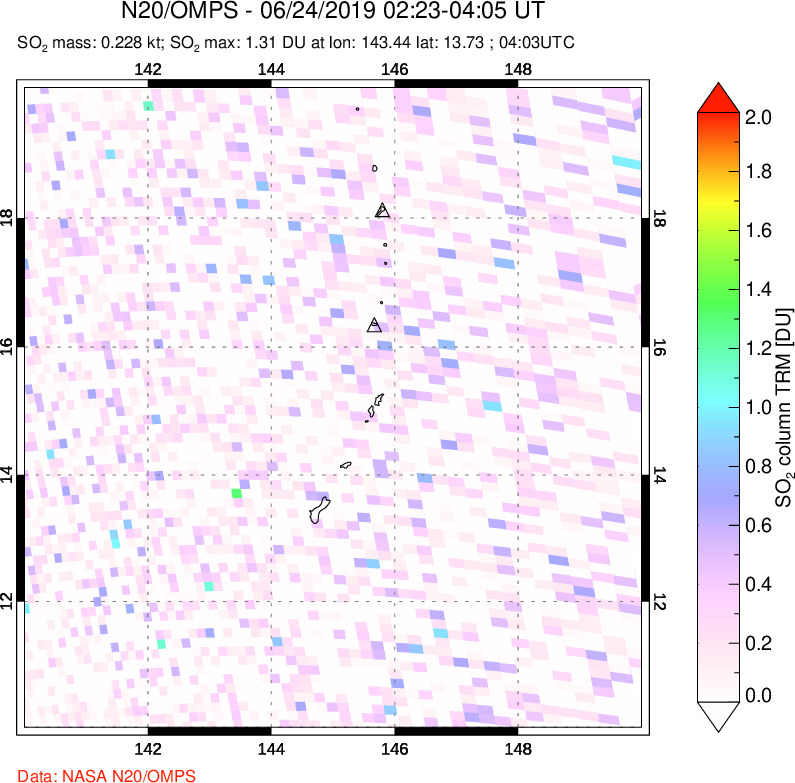 A sulfur dioxide image over Anatahan, Mariana Islands on Jun 24, 2019.