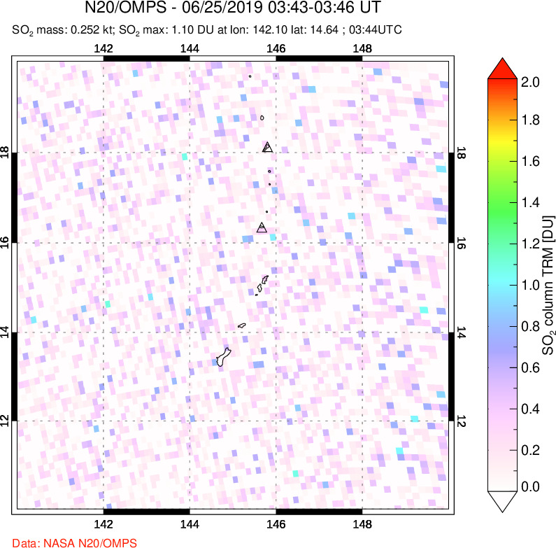 A sulfur dioxide image over Anatahan, Mariana Islands on Jun 25, 2019.