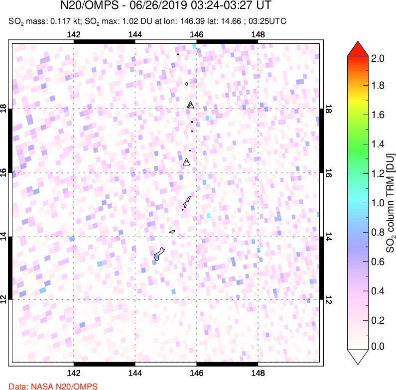 A sulfur dioxide image over Anatahan, Mariana Islands on Jun 26, 2019.