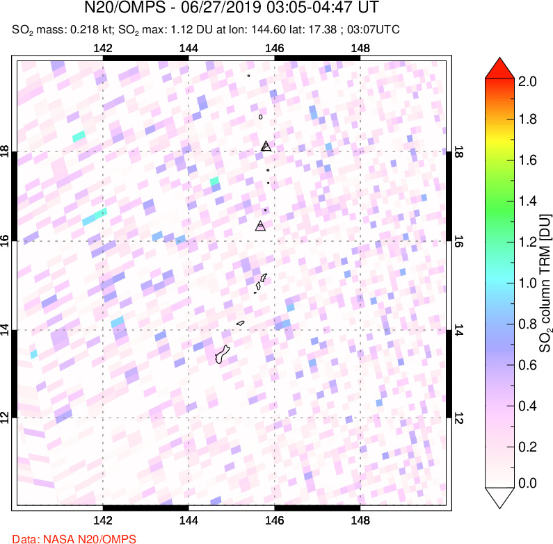 A sulfur dioxide image over Anatahan, Mariana Islands on Jun 27, 2019.