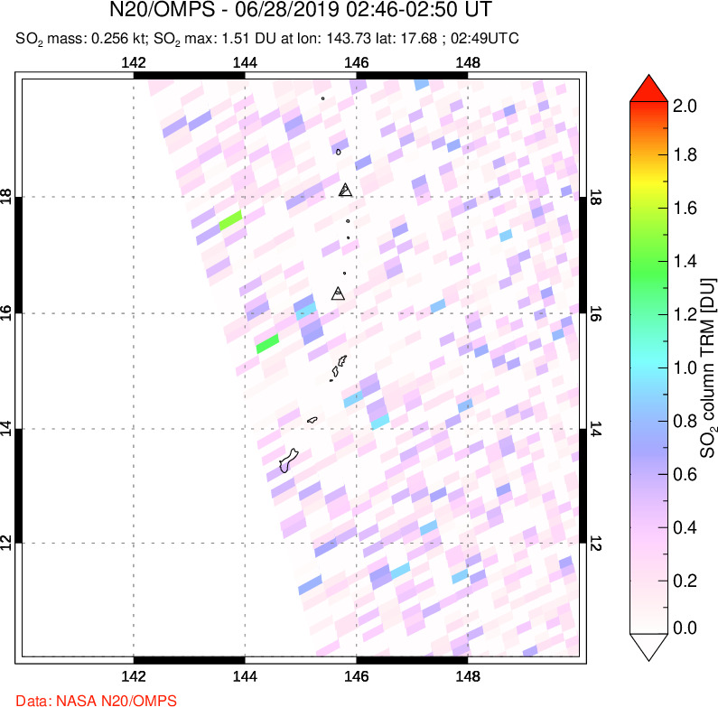 A sulfur dioxide image over Anatahan, Mariana Islands on Jun 28, 2019.