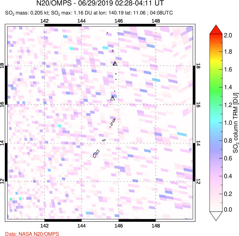 A sulfur dioxide image over Anatahan, Mariana Islands on Jun 29, 2019.