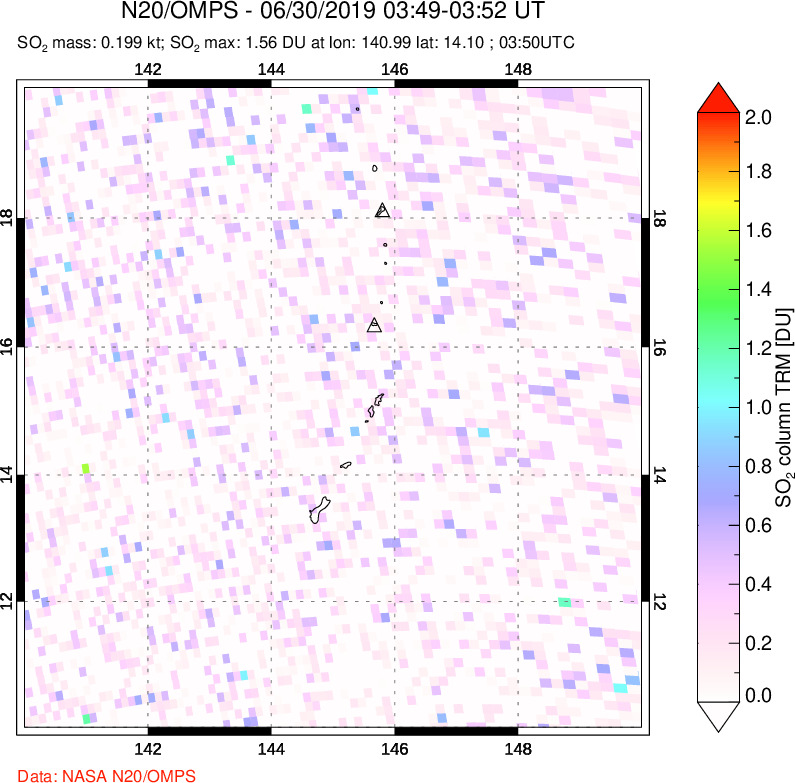 A sulfur dioxide image over Anatahan, Mariana Islands on Jun 30, 2019.