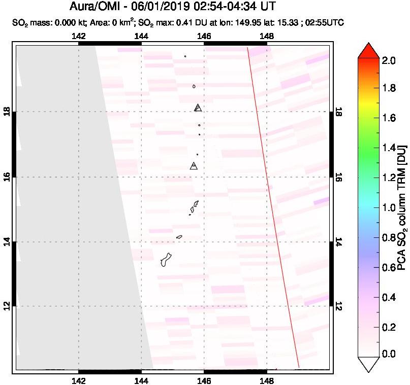 A sulfur dioxide image over Anatahan, Mariana Islands on Jun 01, 2019.