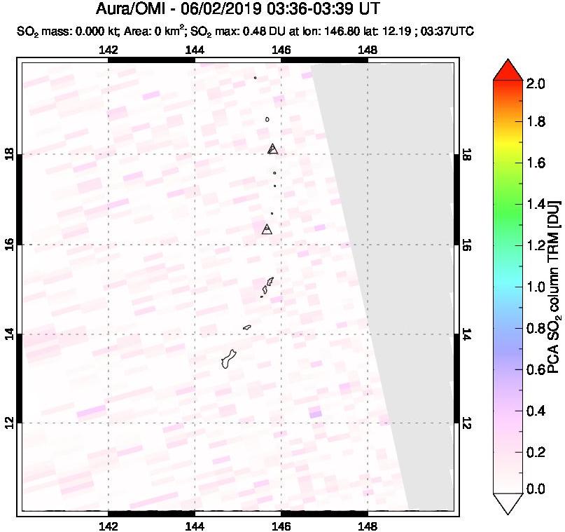 A sulfur dioxide image over Anatahan, Mariana Islands on Jun 02, 2019.