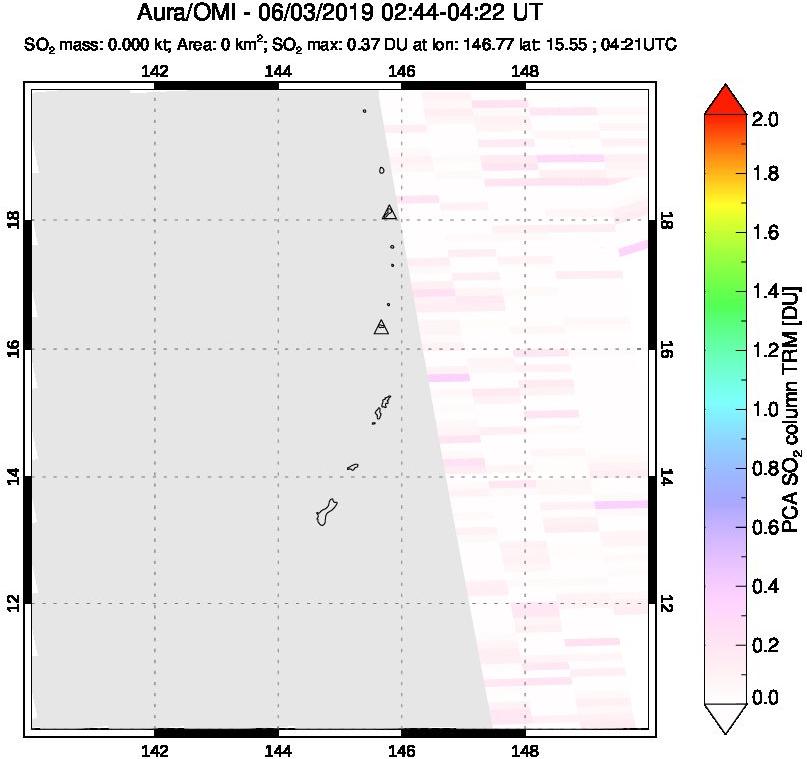 A sulfur dioxide image over Anatahan, Mariana Islands on Jun 03, 2019.