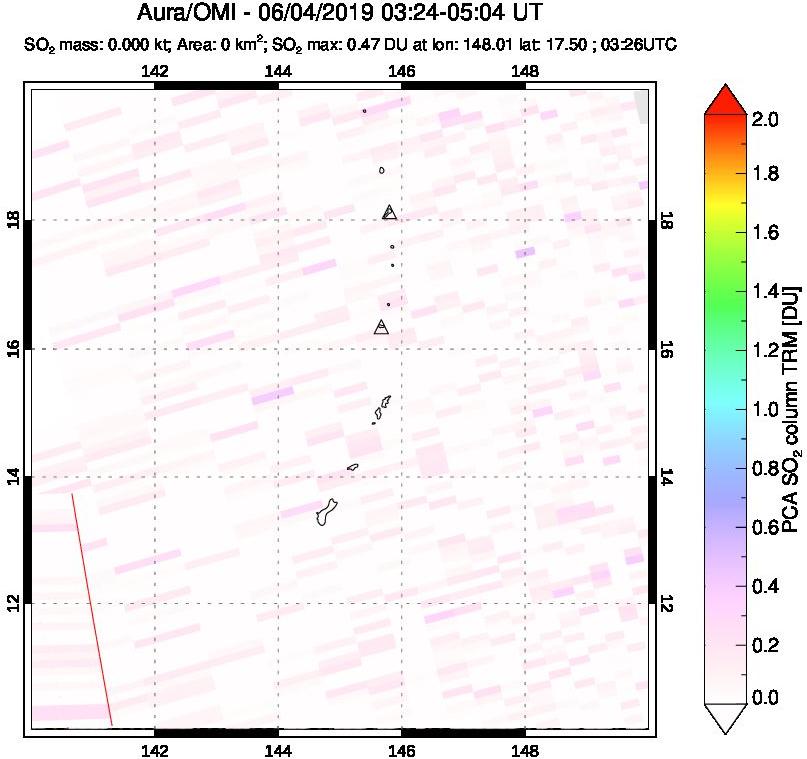 A sulfur dioxide image over Anatahan, Mariana Islands on Jun 04, 2019.