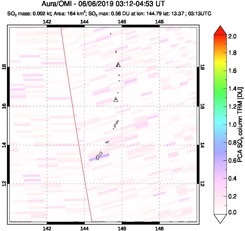 A sulfur dioxide image over Anatahan, Mariana Islands on Jun 06, 2019.