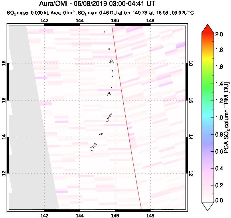 A sulfur dioxide image over Anatahan, Mariana Islands on Jun 08, 2019.