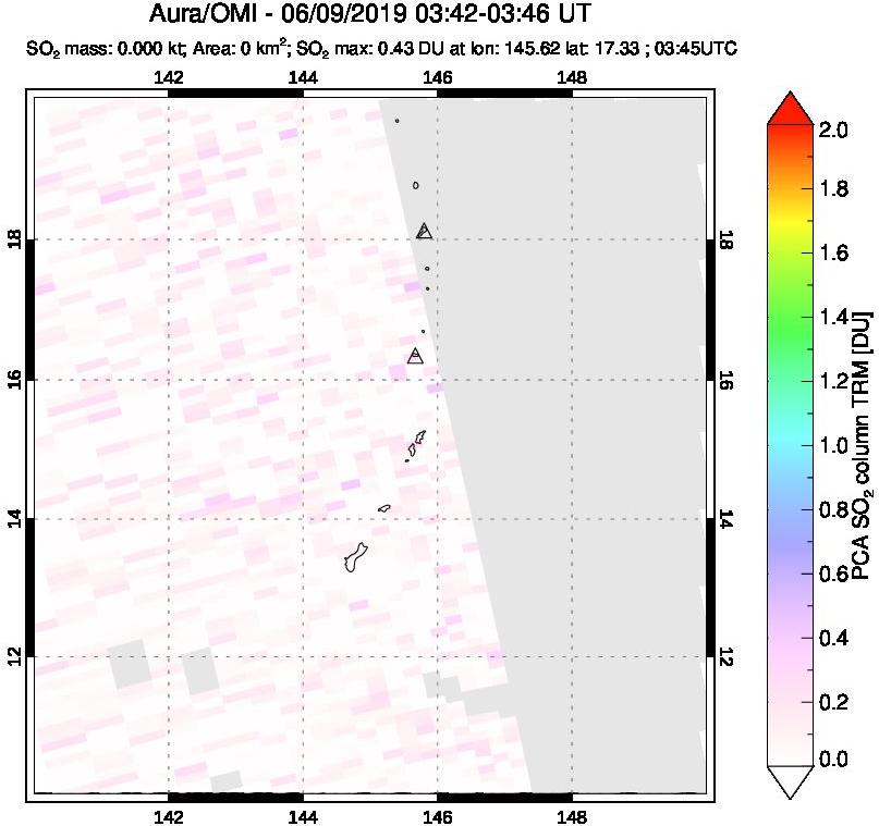 A sulfur dioxide image over Anatahan, Mariana Islands on Jun 09, 2019.