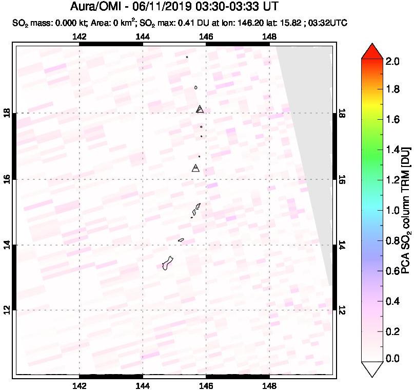 A sulfur dioxide image over Anatahan, Mariana Islands on Jun 11, 2019.