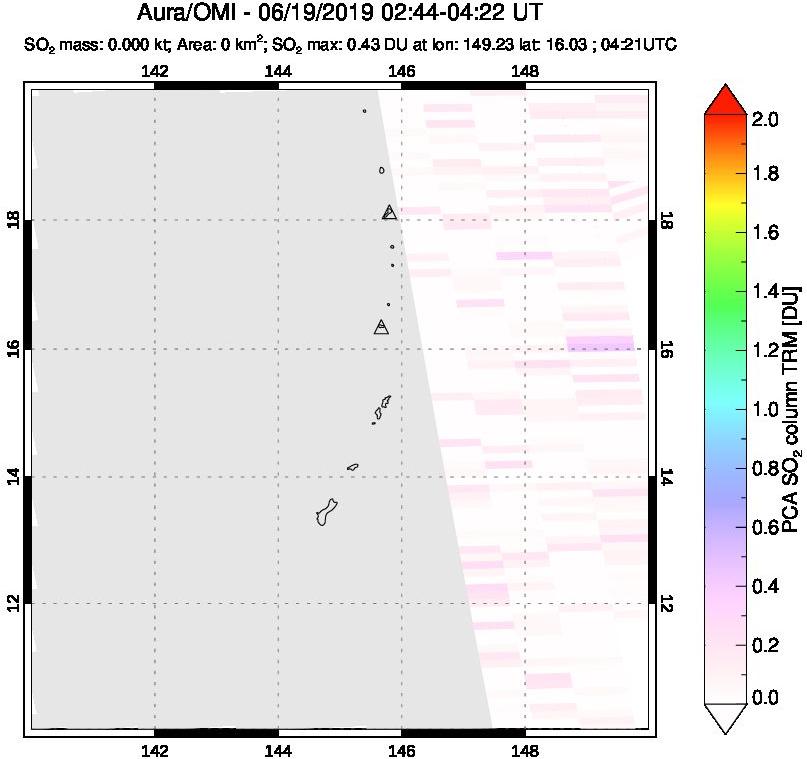 A sulfur dioxide image over Anatahan, Mariana Islands on Jun 19, 2019.