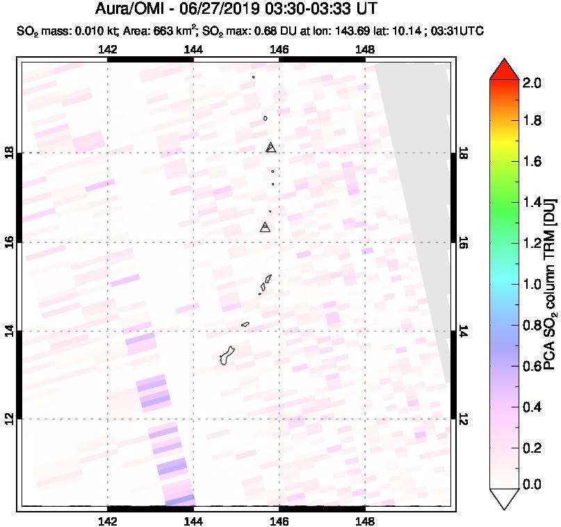 A sulfur dioxide image over Anatahan, Mariana Islands on Jun 27, 2019.