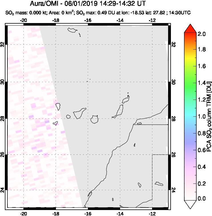 A sulfur dioxide image over Canary Islands on Jun 01, 2019.