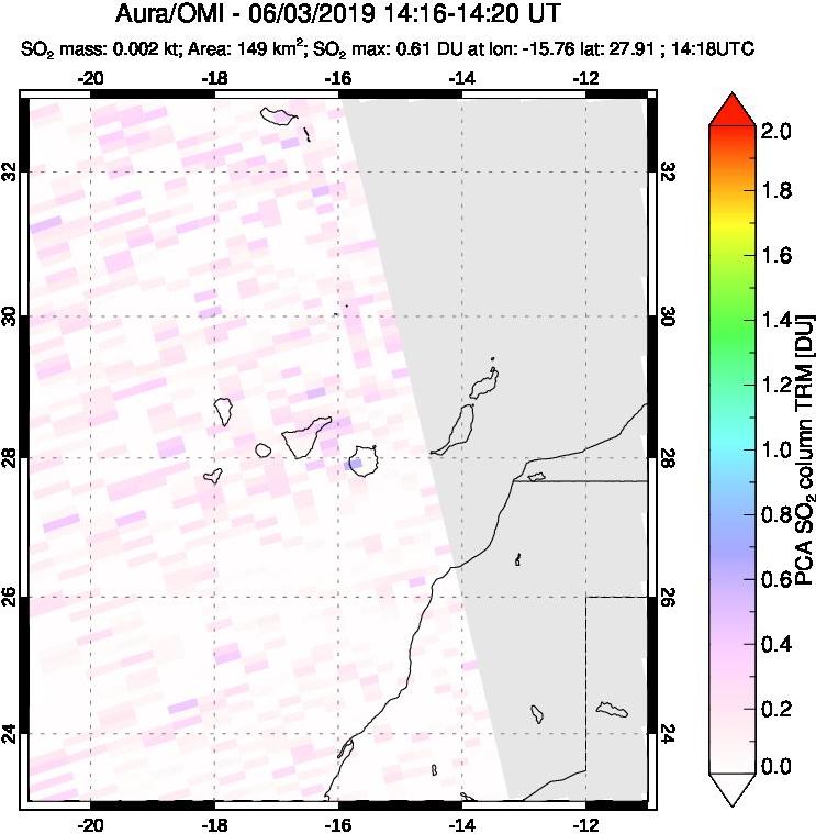 A sulfur dioxide image over Canary Islands on Jun 03, 2019.