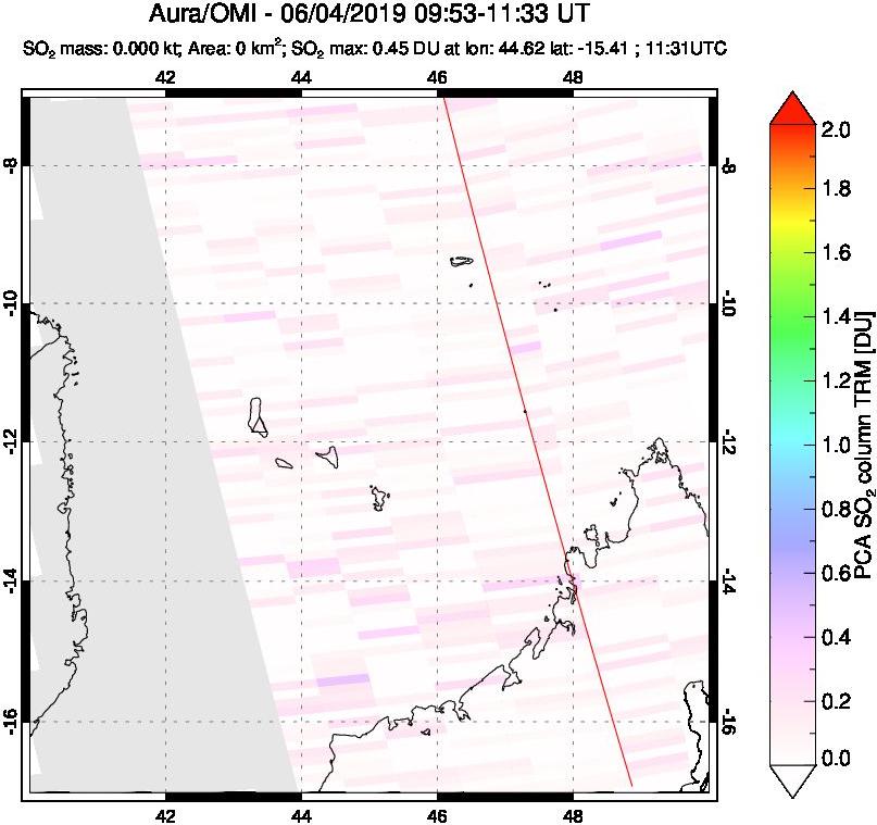 A sulfur dioxide image over Comoro Islands on Jun 04, 2019.