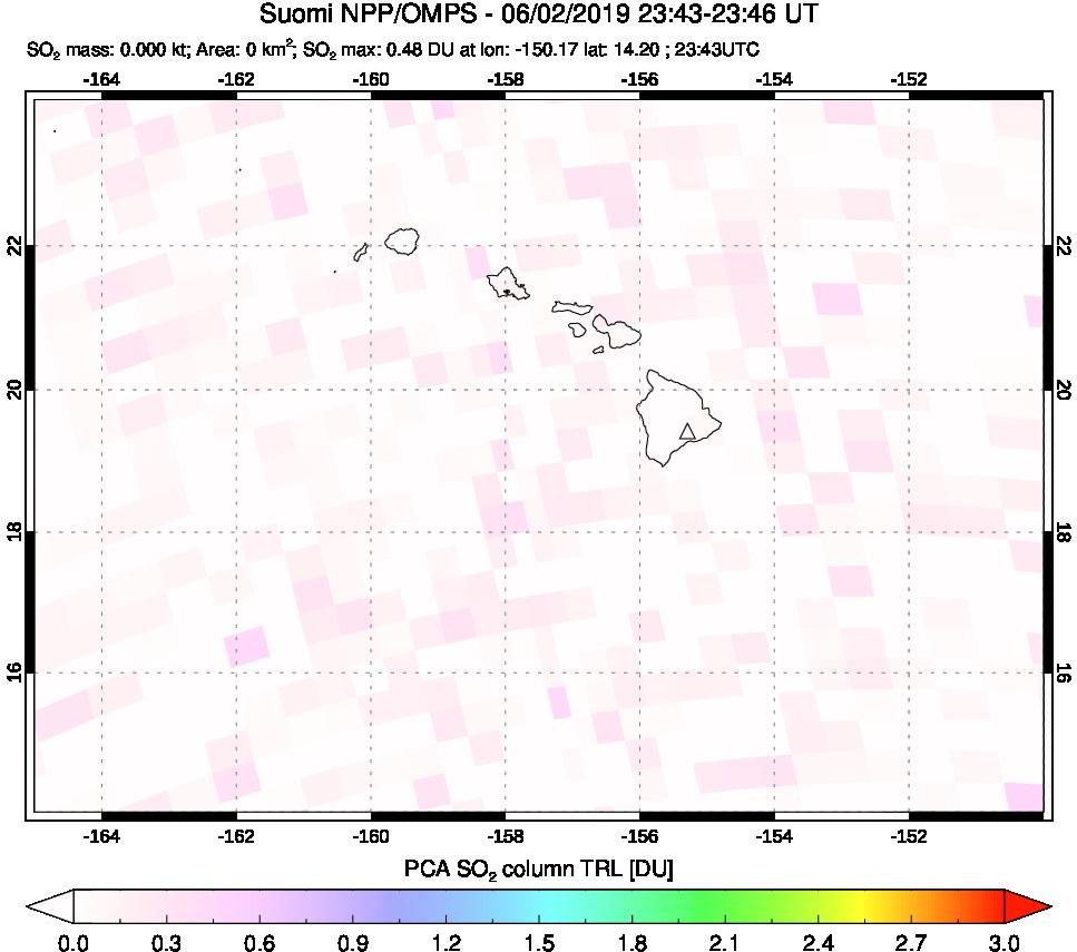 A sulfur dioxide image over Hawaii, USA on Jun 02, 2019.