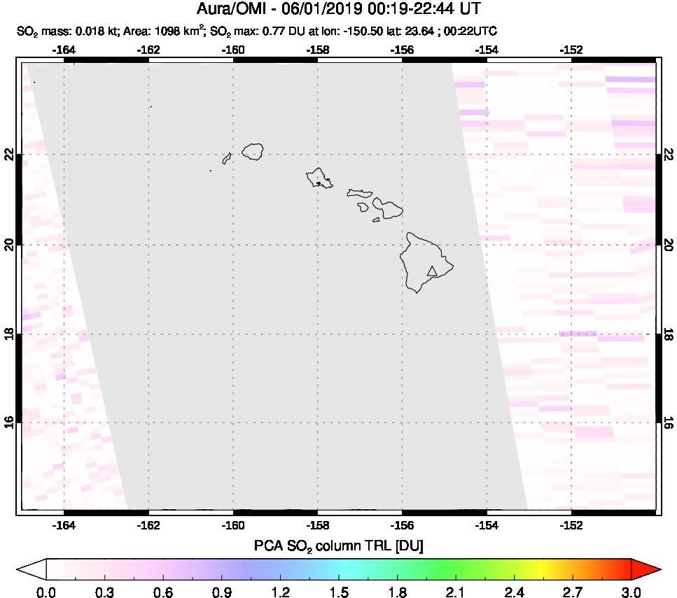 A sulfur dioxide image over Hawaii, USA on Jun 01, 2019.