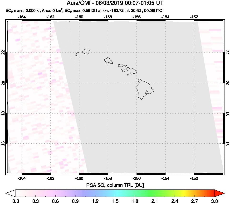 A sulfur dioxide image over Hawaii, USA on Jun 03, 2019.