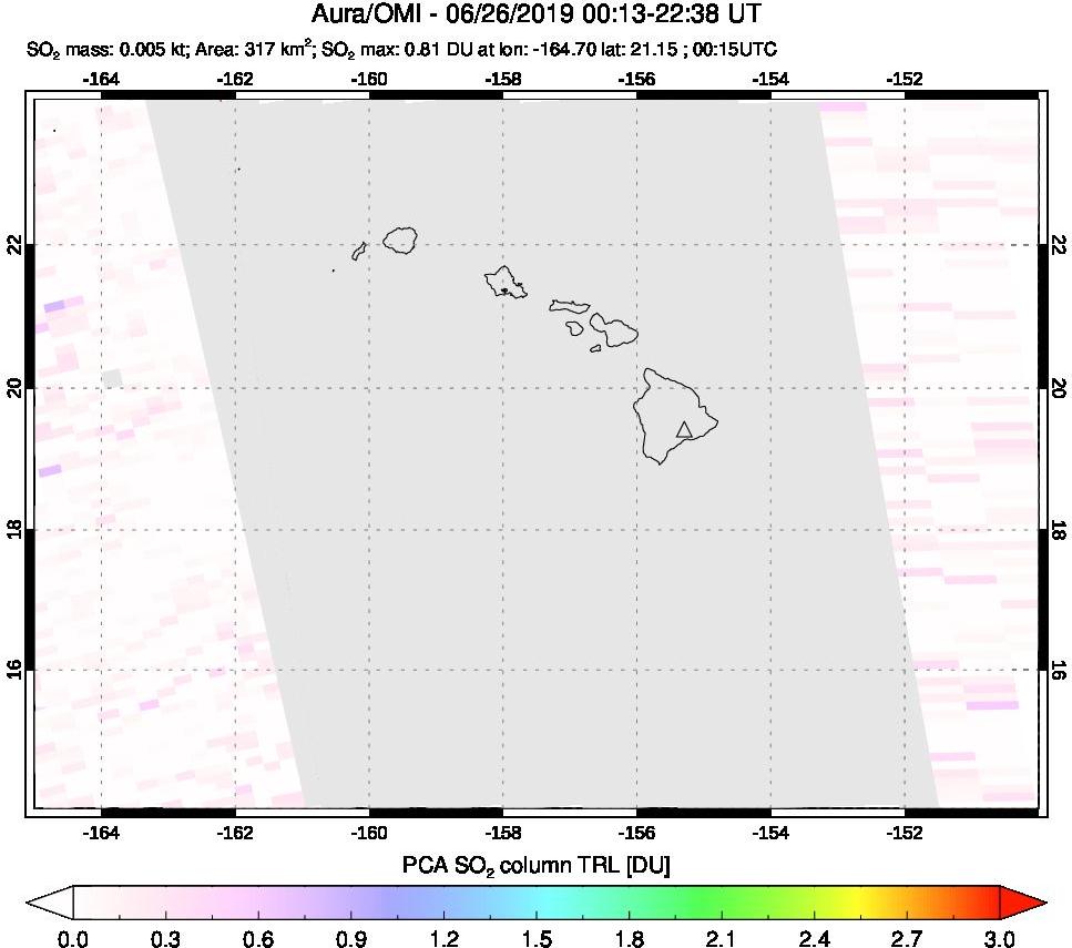 A sulfur dioxide image over Hawaii, USA on Jun 26, 2019.