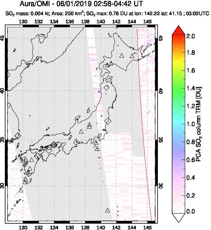 A sulfur dioxide image over Japan on Jun 01, 2019.