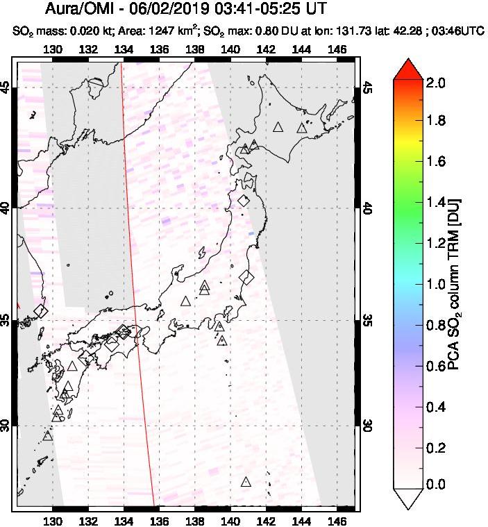 A sulfur dioxide image over Japan on Jun 02, 2019.