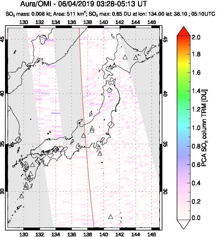 A sulfur dioxide image over Japan on Jun 04, 2019.