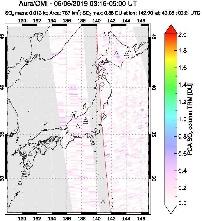 A sulfur dioxide image over Japan on Jun 06, 2019.