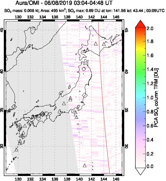 A sulfur dioxide image over Japan on Jun 08, 2019.