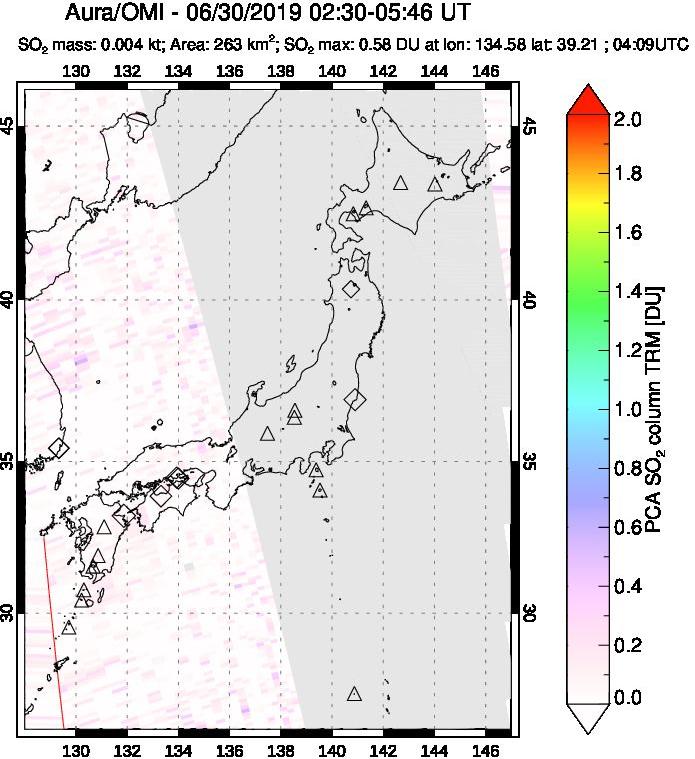 A sulfur dioxide image over Japan on Jun 30, 2019.