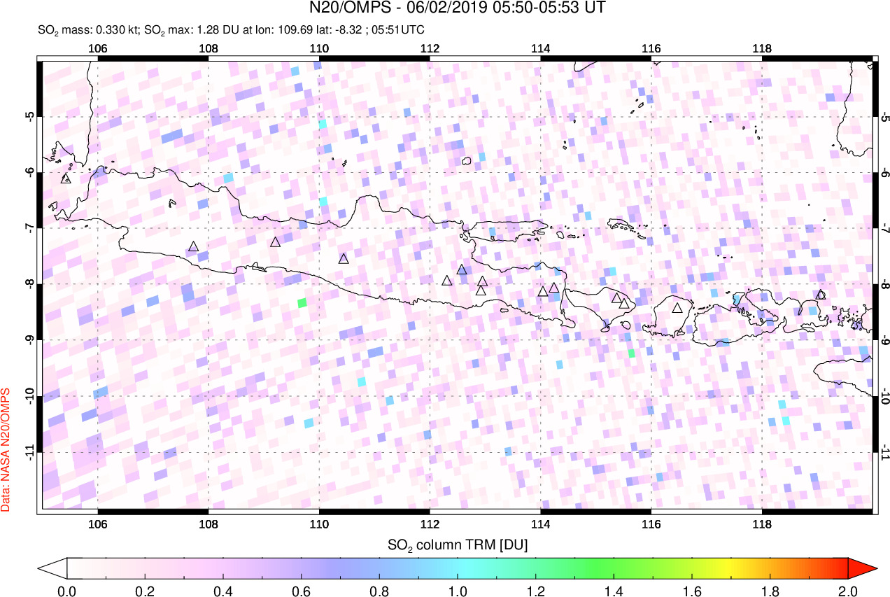A sulfur dioxide image over Java, Indonesia on Jun 02, 2019.