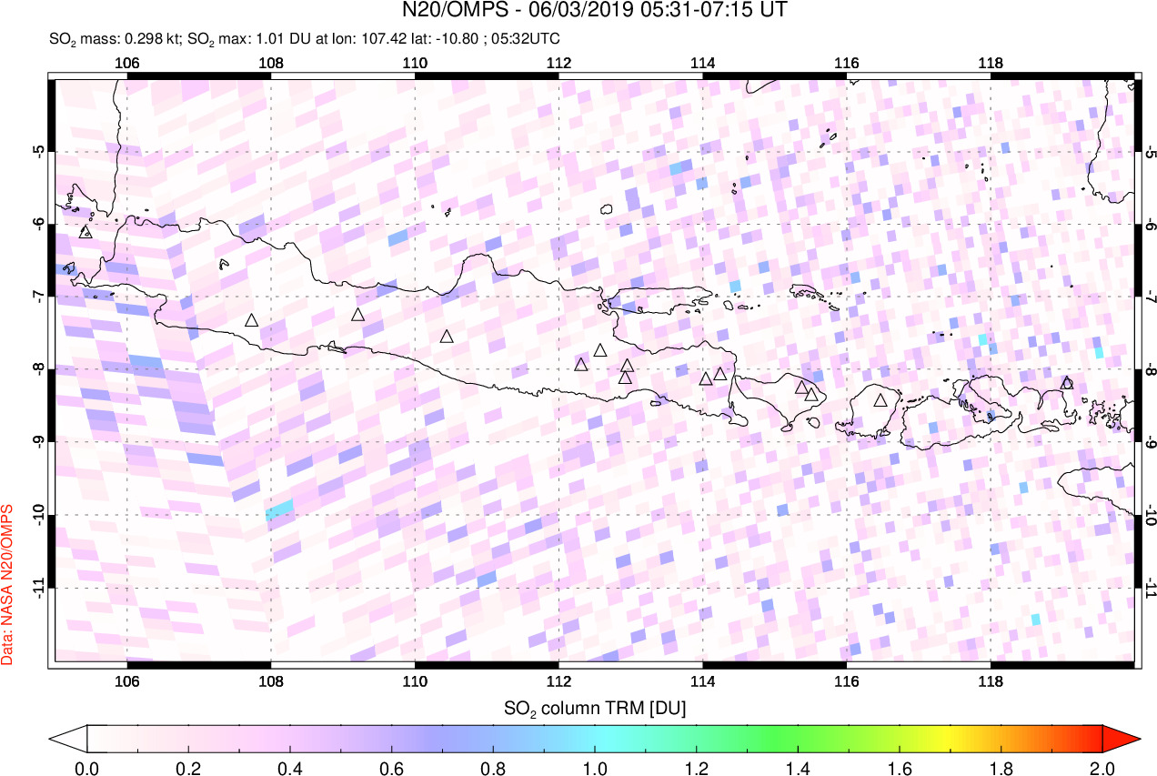 A sulfur dioxide image over Java, Indonesia on Jun 03, 2019.