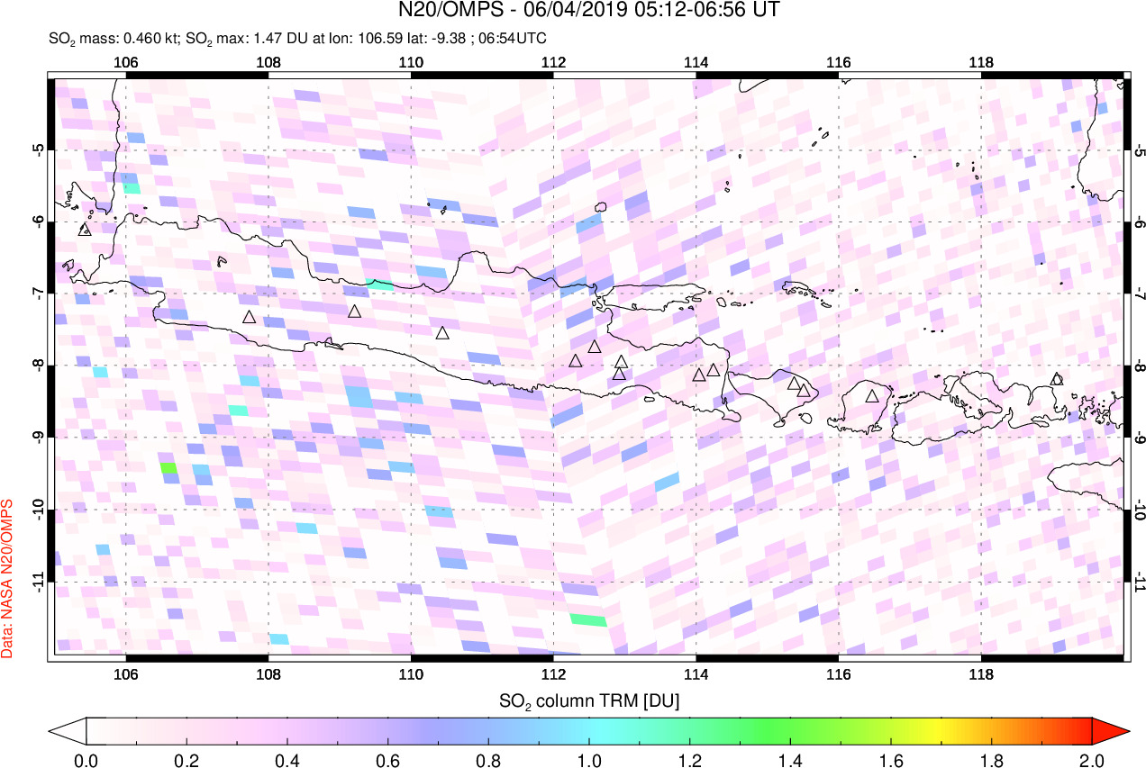 A sulfur dioxide image over Java, Indonesia on Jun 04, 2019.