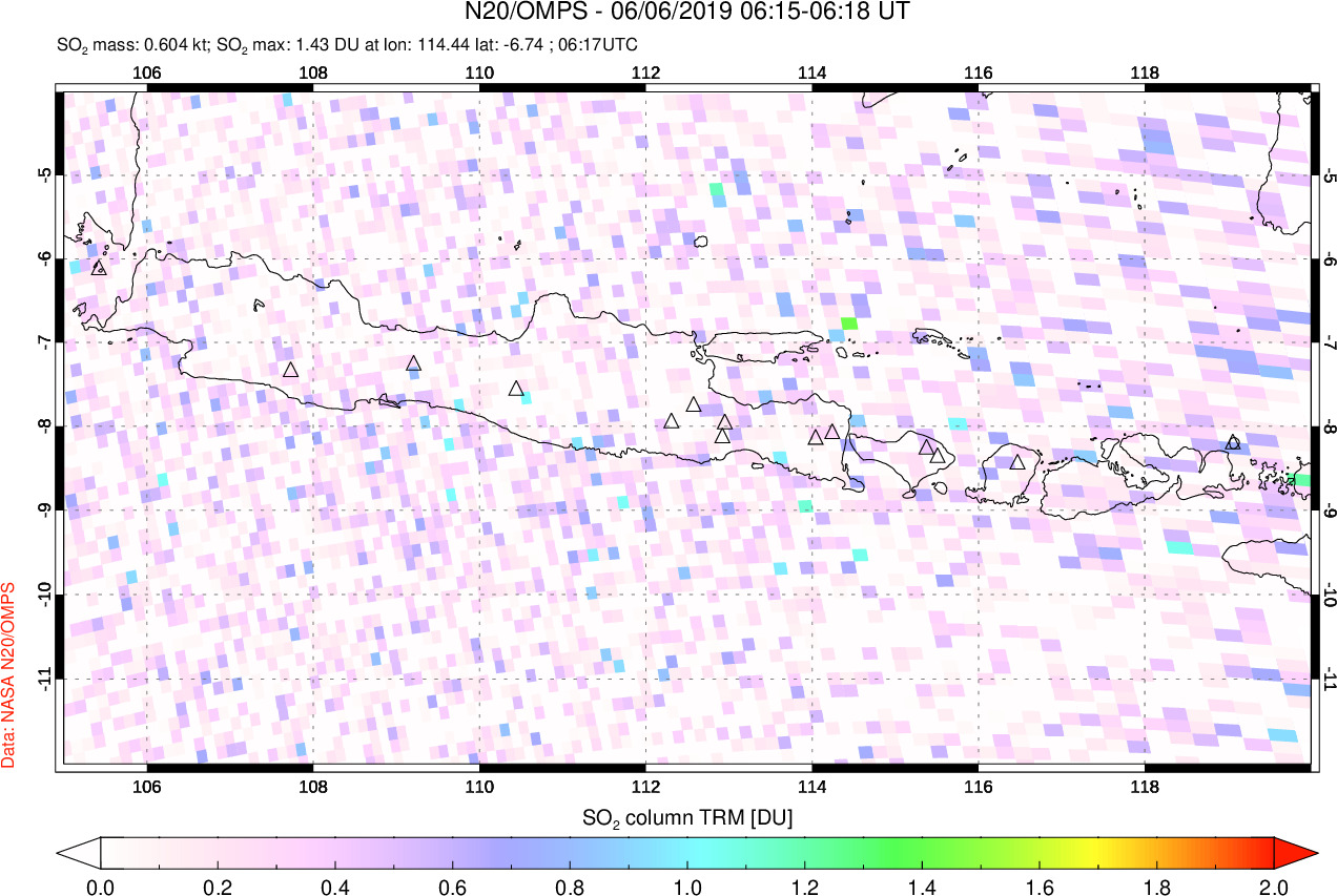 A sulfur dioxide image over Java, Indonesia on Jun 06, 2019.
