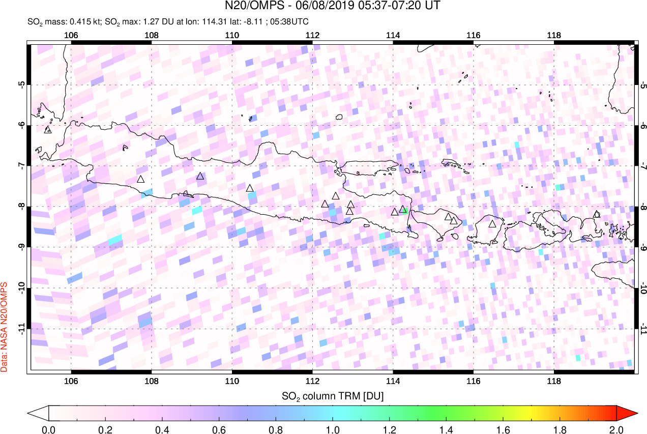 A sulfur dioxide image over Java, Indonesia on Jun 08, 2019.