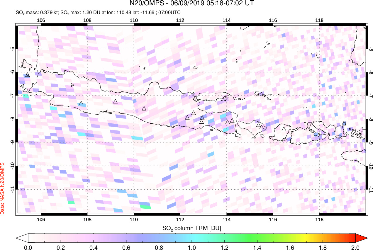 A sulfur dioxide image over Java, Indonesia on Jun 09, 2019.
