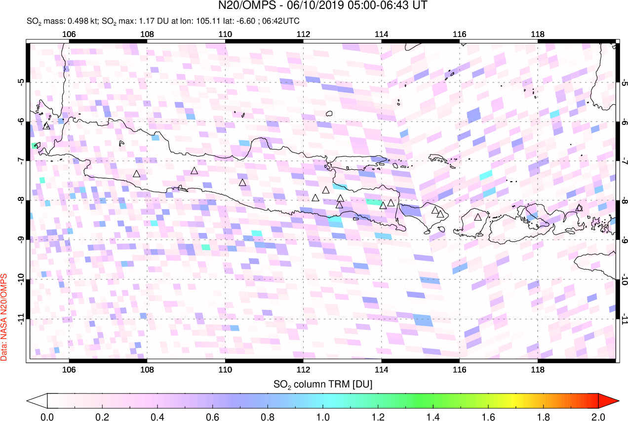 A sulfur dioxide image over Java, Indonesia on Jun 10, 2019.